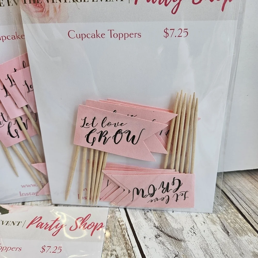 48 Pink Cupcake Toppers- Let Love Grow